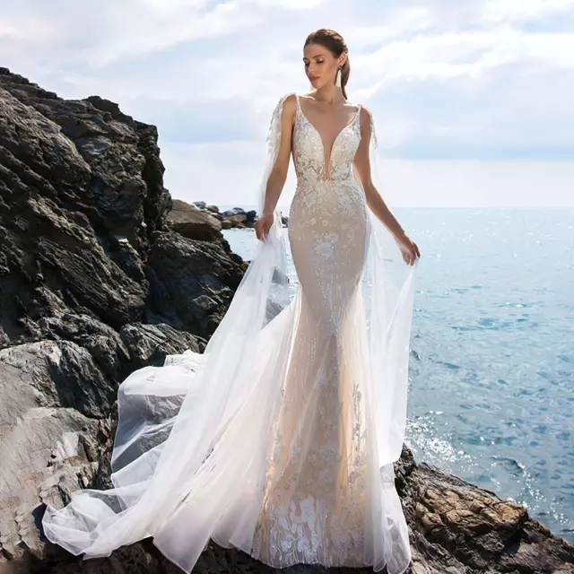 Sexy Deep V-Neck Backless Mermaid Wedding Dresses Spaghetti Straps Romantic Gown