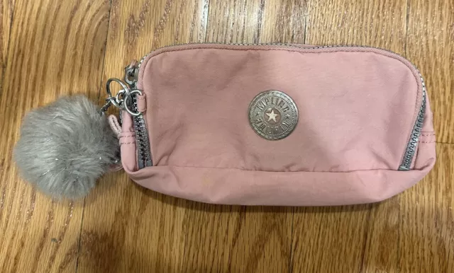 Kipling Pencil Case Pink / Silver 3 Pocket Case Pompom