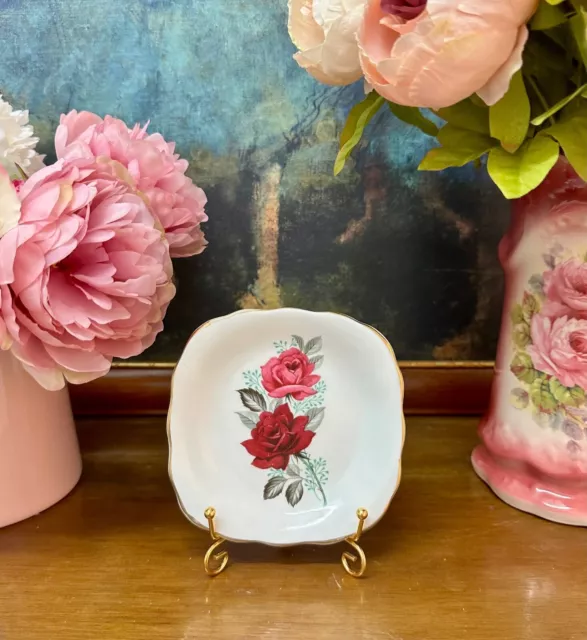 Beautiful Vintage c1930s Delphine Bone China Floral Pink & Red Rose Square Plate