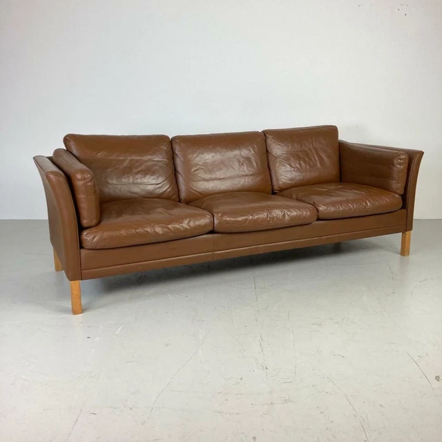 Vintage Danish Brown Leather 3 Seat Sofa Mogensen Style Midcentury #3546