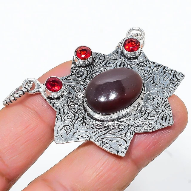 Carnelian, Garnet Gemstone 925 Sterling Silver Jewelry Pendant 1.77" Z395