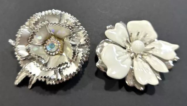 Vintage Sliver Tone Flower Brooch Pin Lot Of 2 Sarah Coventry Rhinestone