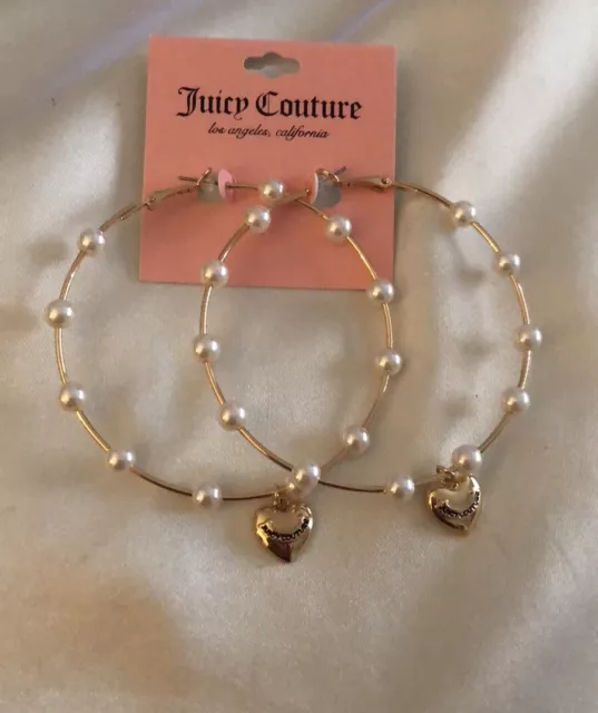 Juicy Couture Gold Tone Hoop Earrings Faux Pearl Accents & Juicy Heart Charm NWT 3