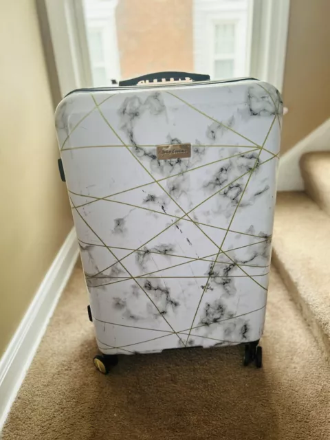 BEBE 25in Black Rose Gold Logo Print Hardside Spinner Suitcase