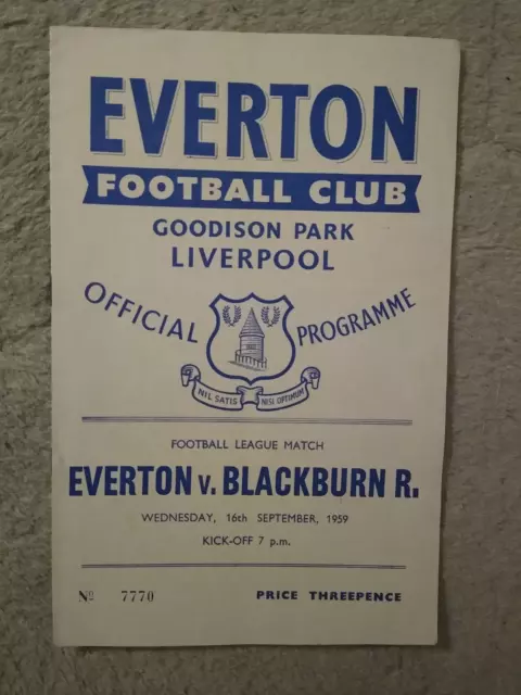 Football Programme Everton v Blackburn Rovers Division I 16th Sept. 1959