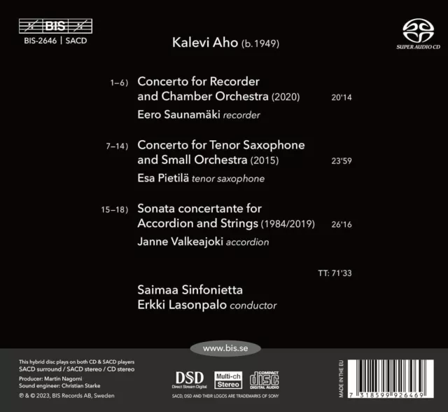 Kalevi Aho Kalevi Aho: Concertos for Recorder & Tenor Saxophone/... (CD) 2