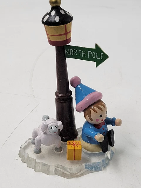 Vintage North Pole Village Accessory Wooden Boy Lamb Present On Ice Decor 2
