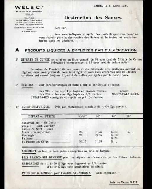 PARIS (VIII°) PRODUITS CHIMIQUES / NITRATE de CUIVRE "WEL & Cie" TARIFS en 1934