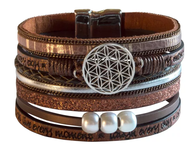 Armband "Blume des Lebens" Kunstleder mit Metall Symbol und Magnetverschluß