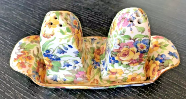 "Bedale" Chintz Pattern Salt & Pepper Shakers on Tray, Made in Englan d