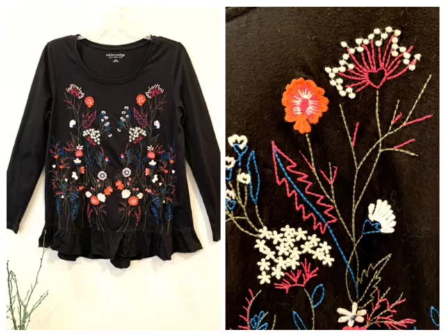 Soft Surroundings S Top Floral Embroidered Boho Peplum Hem Cotton Knit *Gorgeous