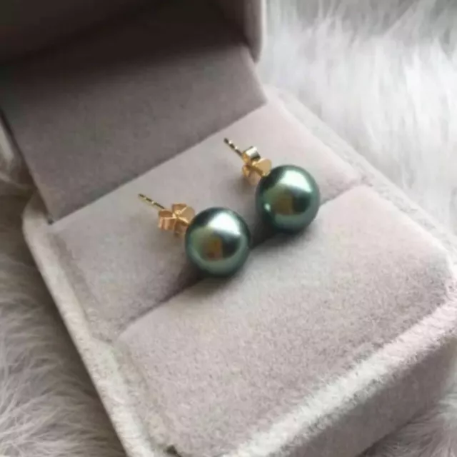 12mm black green Tahitian round pearl 14K gold earrings Gift Wedding