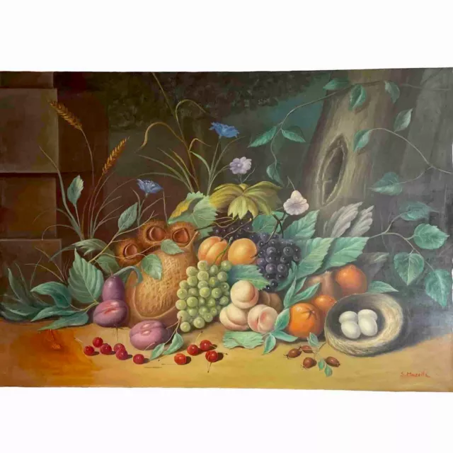 quadro dipinto a olio su tela grande natura morta con frutta fiori stile antico 2