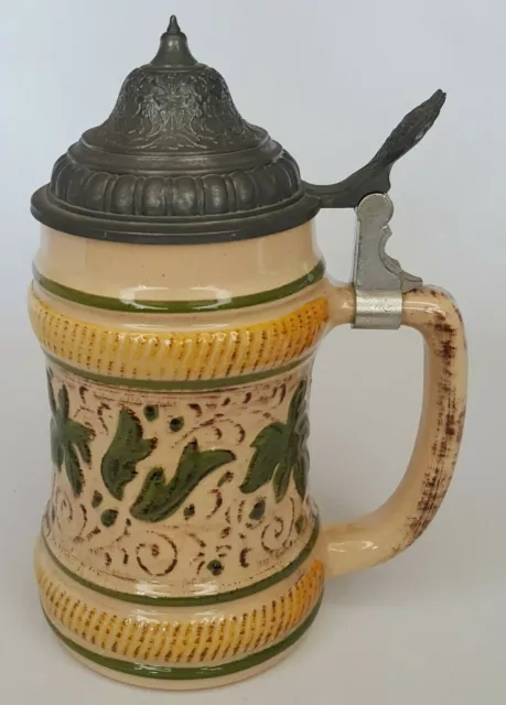 Vintage German Stein Leaf Design w/ Pewter Lid Made in West Germany BMF