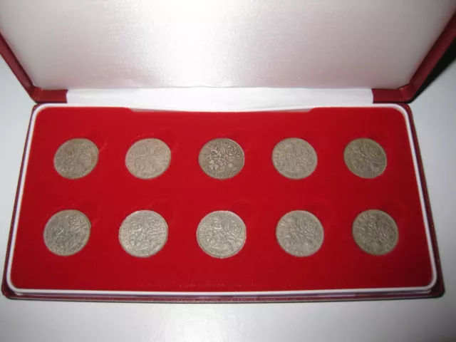 1953-1962 Queen Elizabeth II British 10 Coin Sixpence/ Tanner 6d boxed Coin Set.