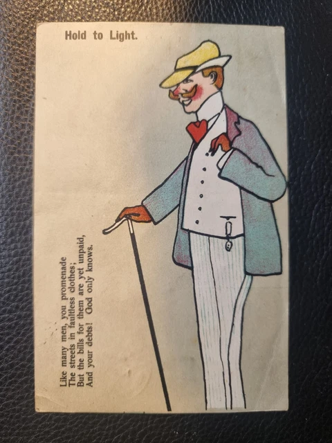 Hold To Light Postkarte 1908 Promenade ausgefallener Mann unbezahlte Rechnung Neuheit Chrom Litho