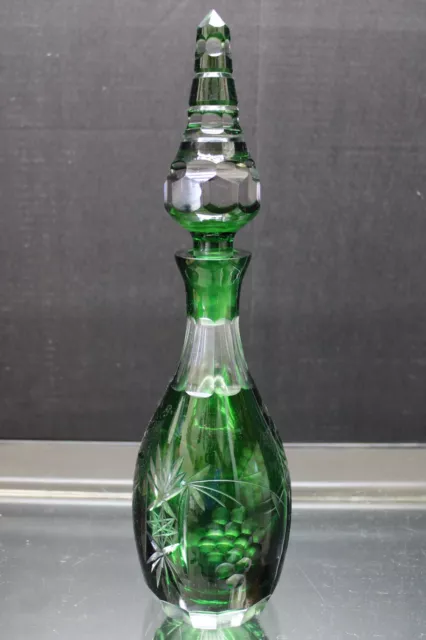 Vintage Lausitzer Emerald Green Cut to Clear Lead Crystal Decanter