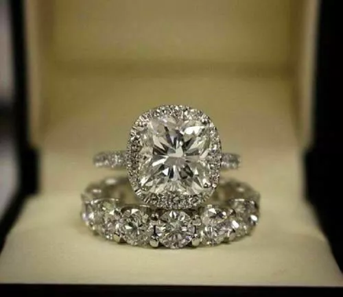 Cushion Cut Simulated Halo Bridal Set 14K White Gold Plated 3Ct Engagement Ring
