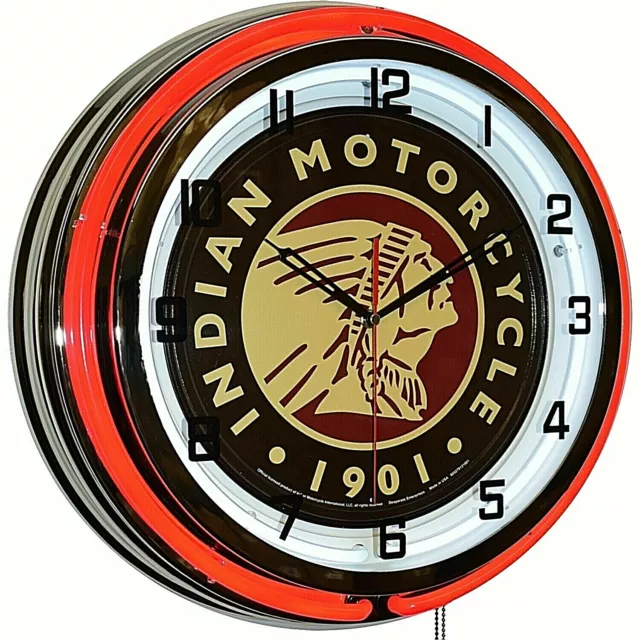 19" Indian Motorcycle 1901 Sign Red Double Neon Clock Man Cave Garage Shop Bike