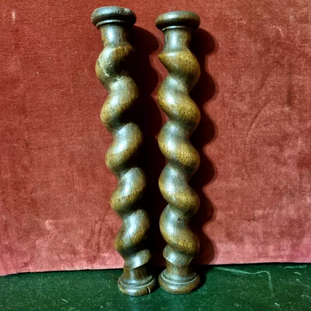 2 Barley twist turned wood spindle Column Baluster 10" - Antique French