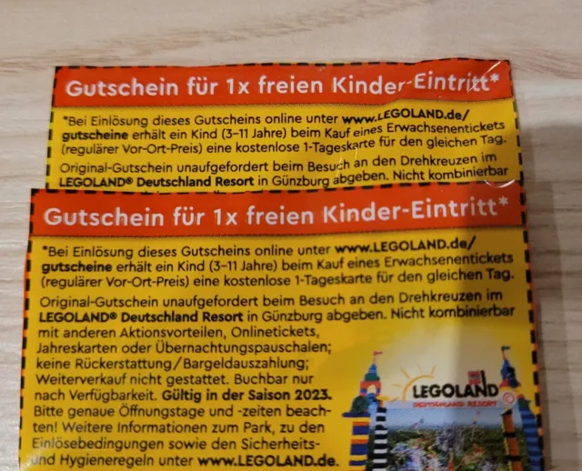 2 x Gutschein freier Kinder  Eintritt Legoland Günzburg Saison 2023
