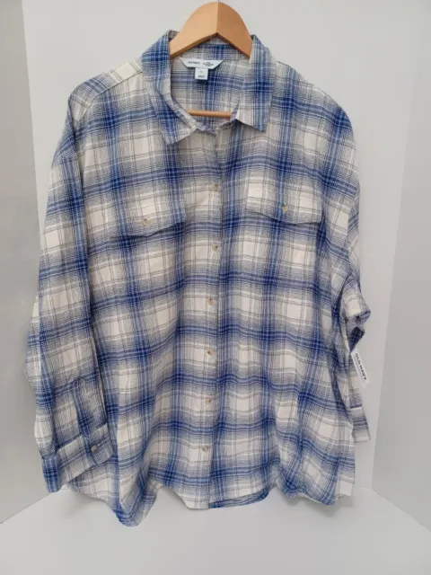 NWT Old Navy Boyfriend Shirt Womens 2X Classic Blue Plaid Flannel 100% Cotton