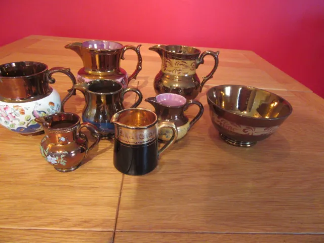 Antique Victorian Copper pottery Lustre Jugs x 7 , sugar bowl x  Hand painted