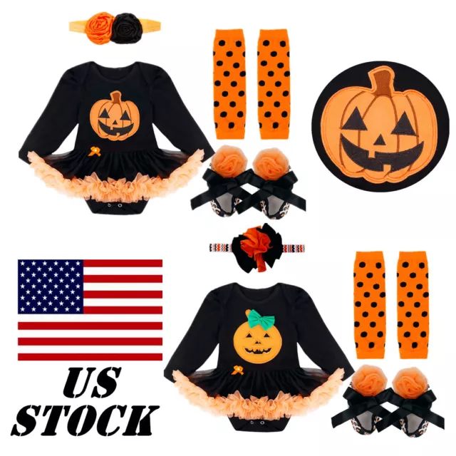 US Baby Girl 1st Halloween Fancy Dress Outfit Long Sleeve Romper Pumpkin Costume