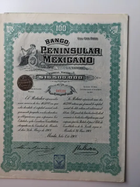 MEXICO Banco Peninsular Mexicano, shares, 1908, uncancelled coupons