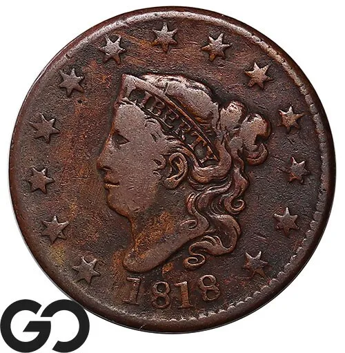 1818 Large Cent, Coronet Head, Tough Early Date Copper ** Free Shipping!