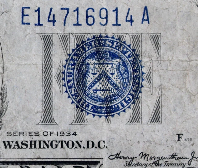 $5 1934 plain series tough EA block blue seal Silver Certificate E14716914A