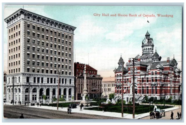 Winnipeg Manitoba Canada Postcard City Hall and Union Bank of Canada c1905