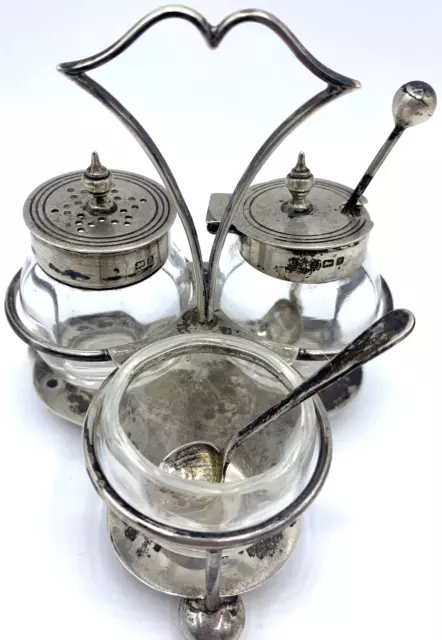 1905 Hutton & Sons Sterling Silver Condiment Caddy Jar Salt Cellar Spoon Set Vtg