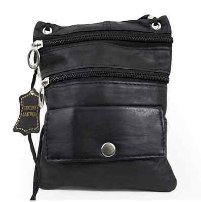 Black Genuine Leather Passport ID Holder Neck Pouch Travel Cross Body Strap Bag