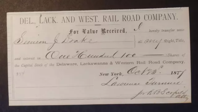 1877 Delaware Lackawanna Western Railroad Capitol Stock Transfer Certificate