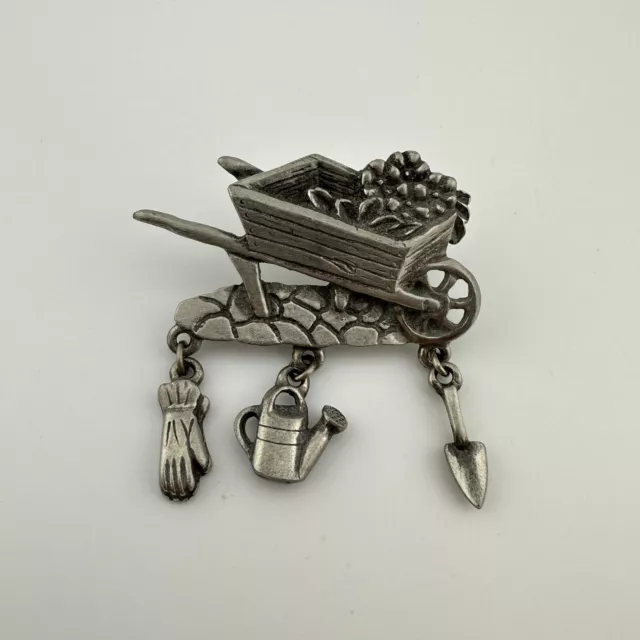 L.C.D Lindsay Claire Designs Pewter Gardening Wheel Barrow Pin Dangles 1.7" L
