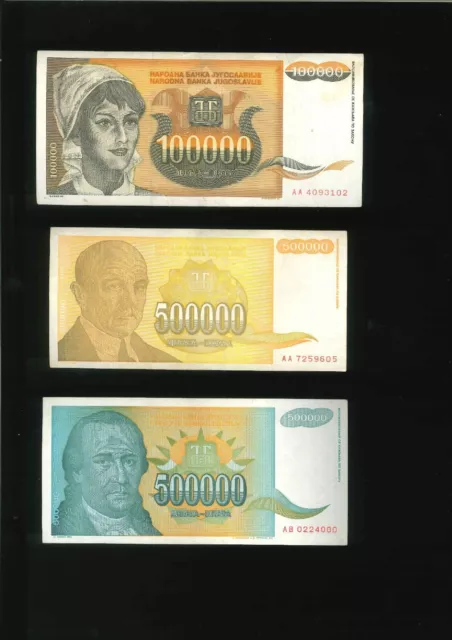 Lot 3pcs x Yugoslavia Dinars Inflation Banknotes 1992 1993