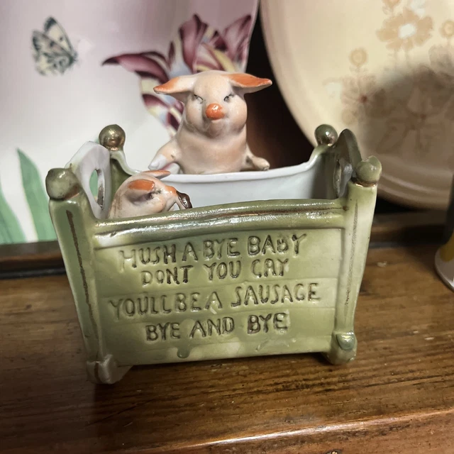 ANTIQUE GERMAN FAIRING Porcelain 2 Pigs Hush A Bye Baby Cradle £35.00