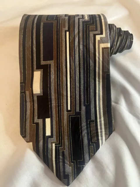 Croft & Barrow Black/Brown/Blue/Silver/White Geometric Silk Tie Necktie 58"x3.75