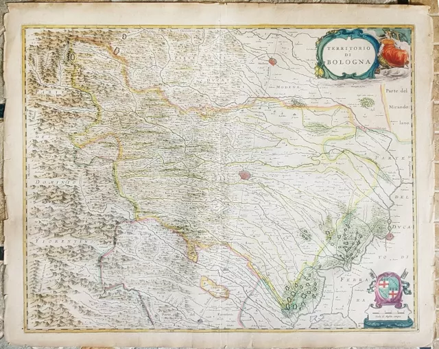 stampa antica Territorio Bologna mappa carta geografica 1637 Joan Blaeu