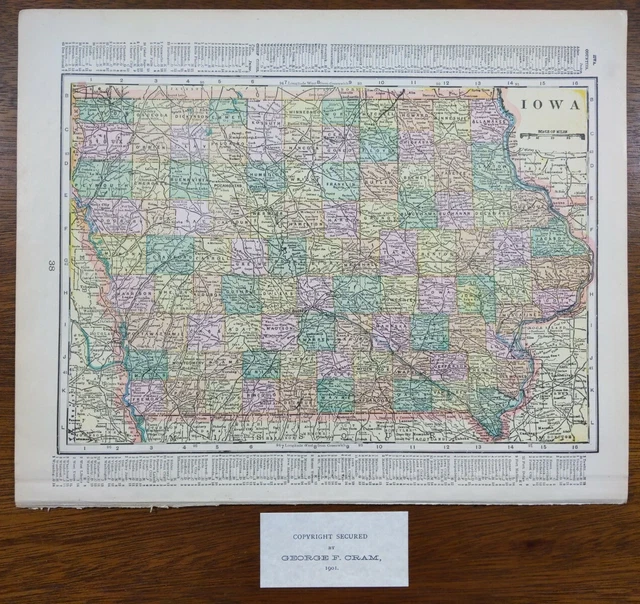 VINTAGE 1901 IOWA Map 14"x11" Old Antique Original DES MOINES IOWA CITY