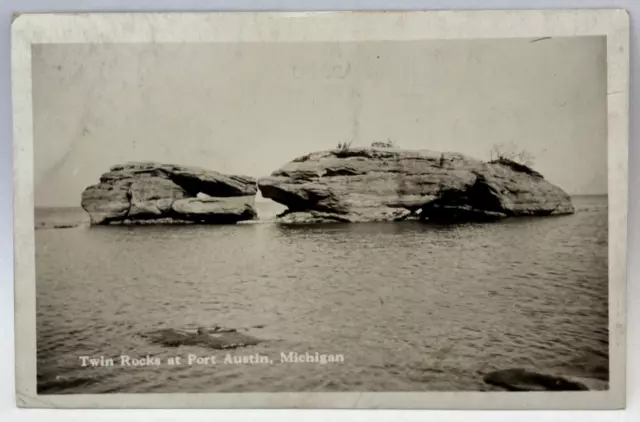 RPPC Twin Rocks at Port Austin, Michigan MI Vintage Real Photo Postcard