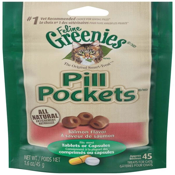 Bolsillos de píldora Greenies felinos sabor salmón golosinas para gatos 1,6 oz 45 unidades