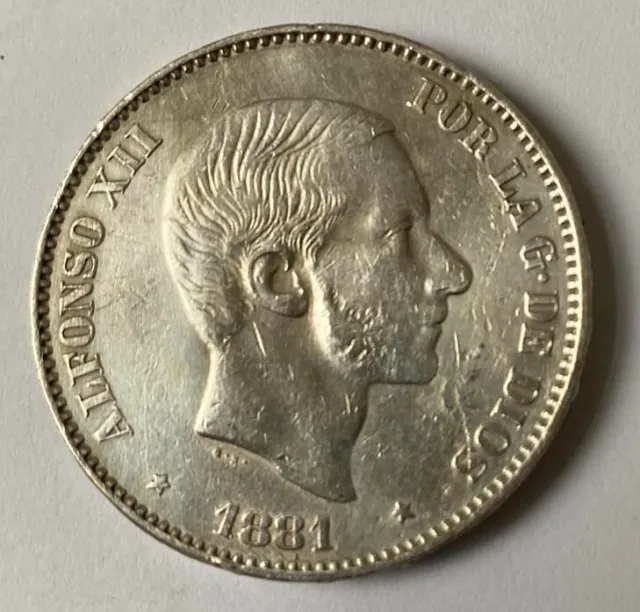 1881 Spanish Philippines 50 Centimos ALFONSO XII Rey De Espana SILVER Coin C2