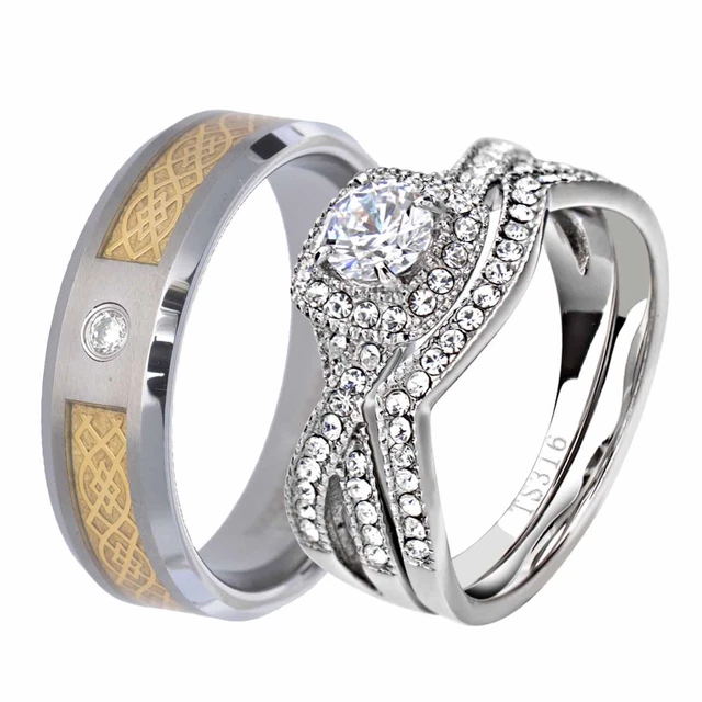 His & Her Wedding Ring Sets Stainless Steel CZ Celtic Scroll Tungsten Men Band