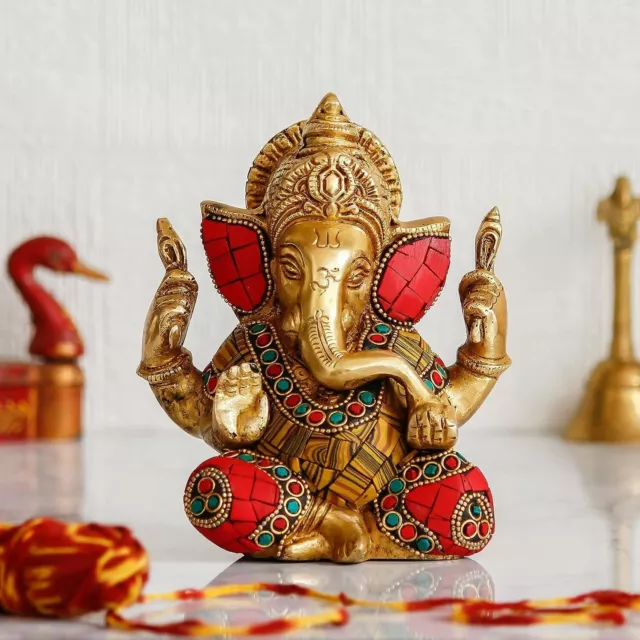 Ídolo hecho a mano de latón dorado Chaturbhuj Lord Ganesha con trabajo de...