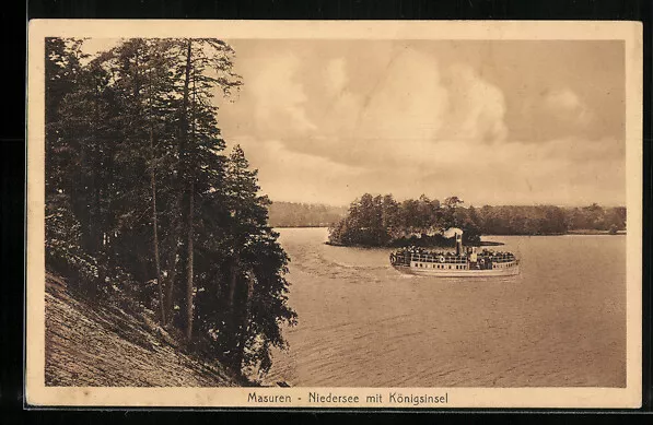 Masuren, Niedersee mit Königsinsel, Dampfer, Ansichtskarte