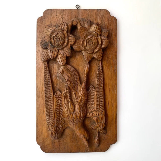 Vintage French Carved Wooden Panel, Bird and Flowers, Game