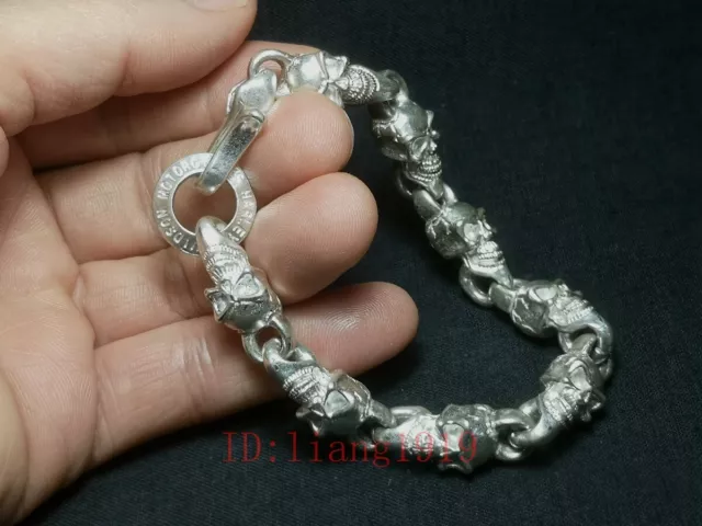 Rare Collection Chinese miao silver old hand carved skull statue bracelet Gift