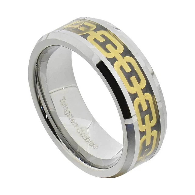 8mm Tungsten Carbide Engagement Wedding Ring For Men Gold Plated Celtic Chain
